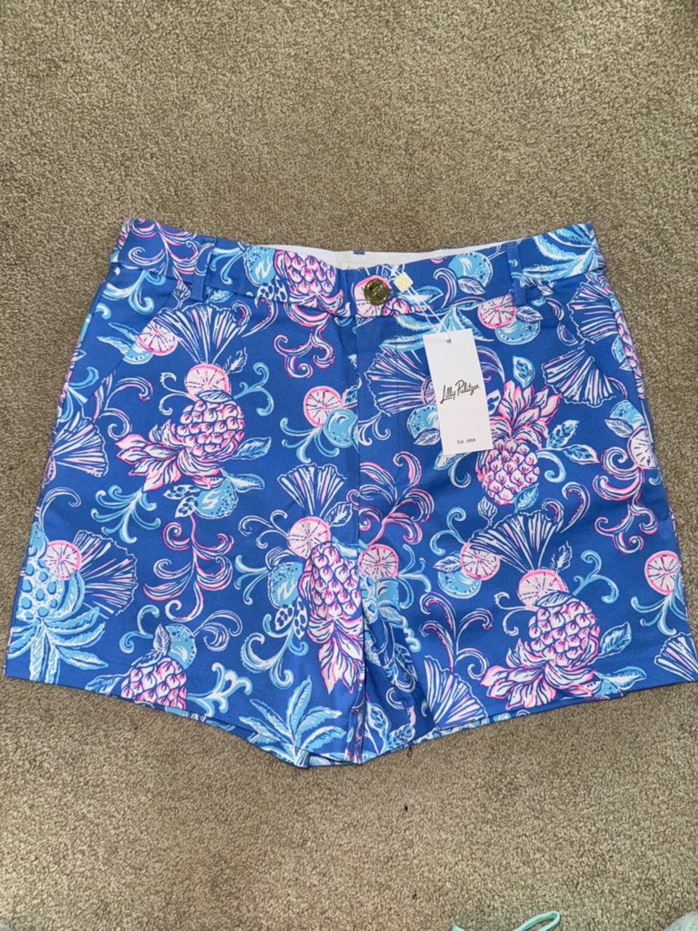 NWT Lilly Pulitzer Gretchen High Rise Shorts in Sunwashed Blue: Citrus Crush